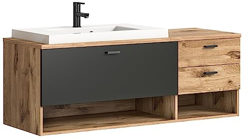 xonox.home - Waschtisch inkl. Waschbecken Grado 140x50x48 cm in Nox Eiche und grau matt - Badezimmerkombination Badmöbel Badset - funktional