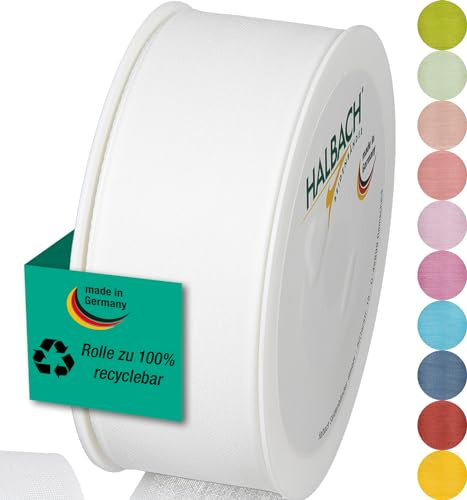 Halbach mattes Taftband, 40 mm x 25 m, weiß | Geschenkband in Baumwolloptik, Made in Germany, Ökt-Tex 100 zertifiziert und waschbar bei 30 Grad