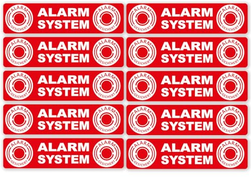 10 klistermärken larmsystem självhäftande inomhus I 12 x 3 cm I motiv - alarm säkrat - för fönsterglas inomhus, glasdörr I XL 10-pack i rött I hin453