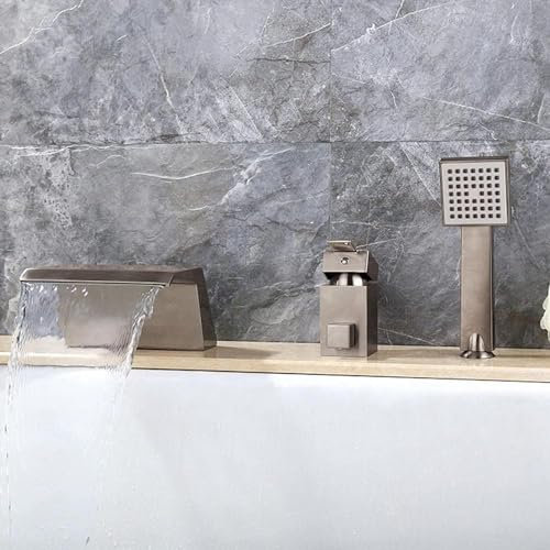 3 Loch Wannenrandarmatur mit ausziehbarem Handbrause Nickel Gebürstet Einhandmischer Badewannenarmatur Wasserfall Dusche Wasserhahn Badewanne Armatur Kalt und Kalt Multifunktions