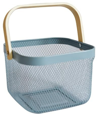 Surakey Panier Rangement Metal, Panier à Goûter, Panier à Ustensiles de Cuisine, Panier en Fil Métallique avec Poignée en Bois Bambou, Corbeille de Rangement Multifonctionnel, 24 * 24 * 18CM Bleu