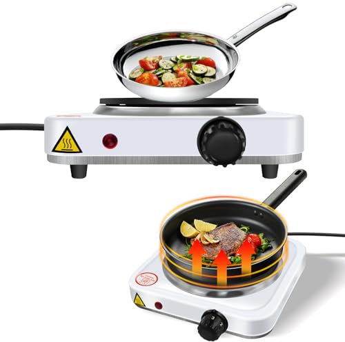 Single Hot Plate Electric Hob Portable, 1000W Kitchen Table Top Cooker Double Camping Hob Infrared Cooktop, Durable Cast Iron Heating Element, Variable Temperature Setting, White