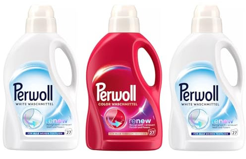 PERWOLL Flüssig-Set 3x 27 Waschladungen (81WL) 1x Color & 2x White, Feinwaschmittel-Set reinigt sanft und erneuert Farben/Weiß und Fasern, Waschmittel mit Dreifach-Renew-Technologie