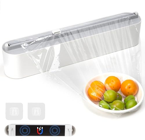 DBREAKS Magnetischer Frischhaltefolienspender, Frischhaltefolie Schneider, Folienspender aus Kunststoff, Alufolie Spender, glattes Abtrennen, für Alu- & Frischhaltefolie,Mit Frischhaltefolie,Weiß