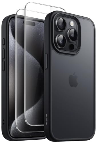 JETech 3-in-1 Matte Hülle für iPhone 15 Pro, Schwarz | 2 Gehärtete Glas Schutzfolien, Matte Transluzent Handyhülle