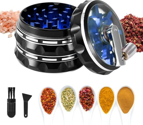 2.5 4 Pieces Clear Top Herb Grinder Metal Large, Aluminum Alloy Spice Grinder with Foldable Handle, Pollen Scraper and Cleaning Brush (Blue)