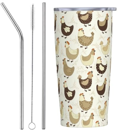 VOSERY Botella de agua de 20 onzas con tapa y popote, vaso aislado de acero inoxidable con dibujos animados de pollo, taza de café de viaje, vaso personalizado