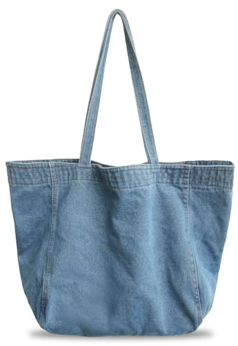 Boziee Denim Tasche Damen Shopper Groß Damen Tote Bag Beuteltasche Mit ReißVerschluss,Tragetasche Shopping Bag für School Schule Arbeit Büro Reisen Einkaufen Alltag (leichte Denim)