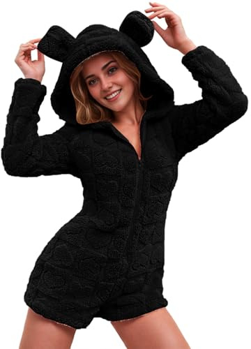 Vêtement de nuit en polaire avec oreilles d'ours et fermeture éclair intégrale - Combinaison une pièce en jacquard - Short en peluche moelleuse à manches longues - Joli pyjama uni - Vêtement de nuit