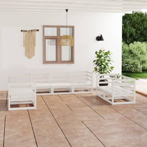 KTHLBRH 7-TLG. Garten-Lounge-Set Weiß Kiefer Massivholz Gartenmöbel-Sets Balkonmöbel-Sets Outdoor-Möbel-Sets Terrassenmöbel-Sets für Terrasse, Garten, Balkon