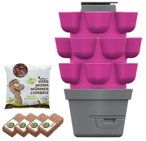 Moutta | WORMgarden Fuchsia 3 jardinières + 500gr de vers de Compost | Jardin Potager Vertical avec lombricomposteur | Cultivez Vos Fruits et légumes | Créez Votre Potager et recyclez Vos déchets