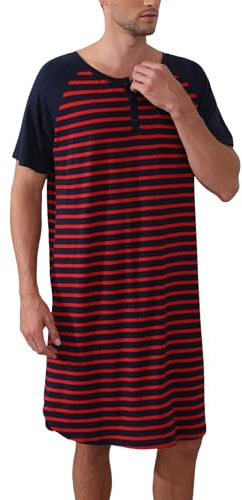 Enjoyoself Chemise de Nuit Homme Hauts de Pyjama Tee-Shirt Longueur Genou Col V avec Boutons Manches Courtes Vêtements d'Intérieur Douce Confortable Grande Taille Rouge Bleu Marine*Rayé XXL