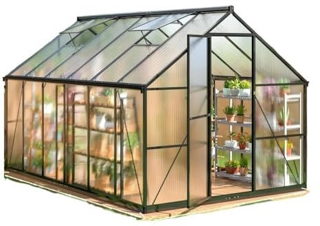 Invernadero de 12 x 8 pies Apto for Exteriores, Invernadero de policarbonato de instalación rápida con ventilación en el Techo, Invernadero Grande de Aluminio con Entrada peatonal(Black-8x14 FT)