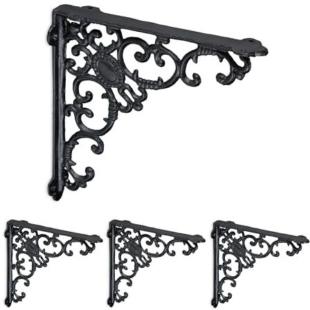 Relaxdays Regalwinkel, 4er Set, Gusseisen, antike Regalträger, Winkel Regalbretter, HxBxT: 21,5 x 4 x 21,5 cm, schwarz