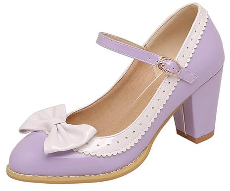 HSyc JRX Vernice Mary Jane Pumps con fiocco e tacco a blocco, scarpe con tacco alto, Lilla, 37 EU