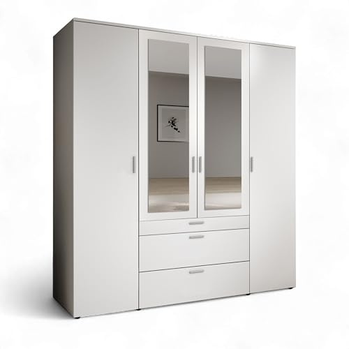 VESALA Kleiderschrank Schrank mit Spiegeltüren Weiß 180 x 195 x 56 cm | Schlafzimmer Drehtürenschrank, 4-türig mit Spiegel, Kleiderstange, 8 Ablageböden und 3 Schubladen, Weiß, Schlafzimmerschrank