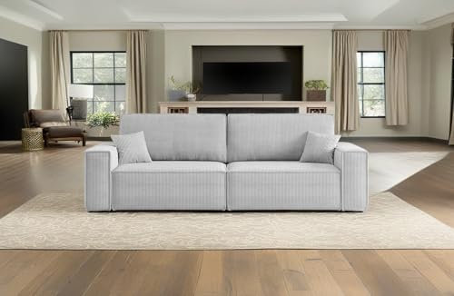 Kaiser Möbel - Sofa mit Schlaffunktion und Bettkasten, Schlafsofa mit Bettzeugbehälter, Sofa 3-sitzer, Bequemes Couch für Wohnzimmer, Cordstoff, Klappsofa, Relaxsofa, 2 Zierkissen, Best, Hellgrau