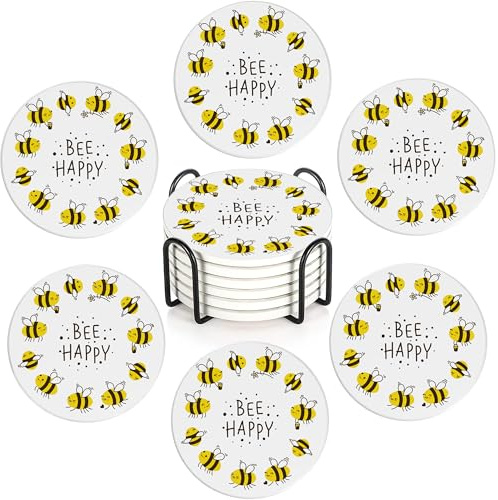 Bee Happy Set of 6 Absorbent Ceramic Coasters with Cork Base & Holder,10cm Round Drink Mats for Mugs, Wine Glasses - Spill Protection for Wood/Glass Tables