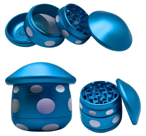 Blue Mushroom Shaped Aluminium Herb Grinder, 60 x 60mm, 4 Pieces, Magnetic Top with Sifter,