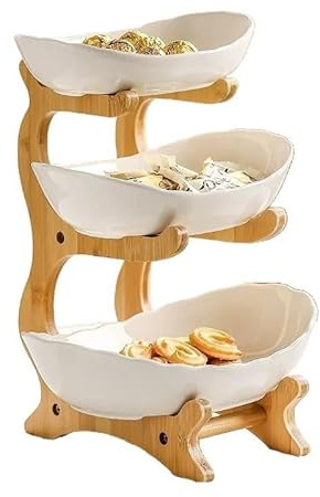 3 - Tier Fruit & Snack Serving Bowl Set, Bamboo Rack with Ceramic Bowls, Creative Double - Layer Organizer for Home Living Room, Dry Goods & Fruit Storage
