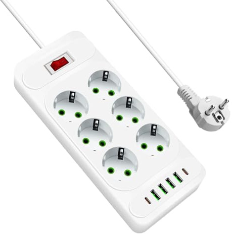 Steckdosenleiste 12-in-1 mit Verlängerungskabel (2M), 6-Fach Steckdosenleiste mit USB (4x USB + 2x Typ-C), 2500W, Schalter, Wandmontage, Mehrfachsteckdose 6fach, Steckerleiste mit USB & Schutzfunktion