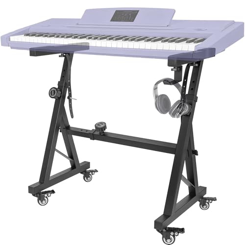 FREEAMG Heavy Duty Keyboard Stand, with 4 Rolling Wheels, Headphone Hooks | Z Style Adjustable Keyboard Holder, Digital Piano Stand Fits 54-88 Key Electric Pianos, Black