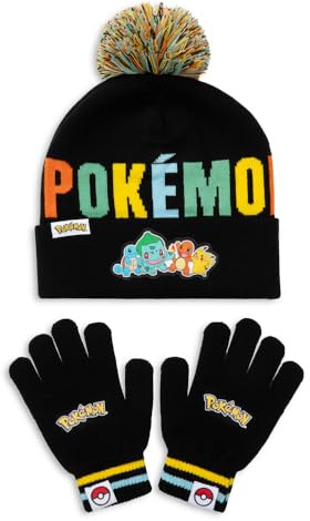 Pokémon Boys Hat & Gloves Set – Kids Bobble Beanie Hat with & Stretch Gloves, Black Winter Knit Accessories Set, 100% Acrylic, One Size