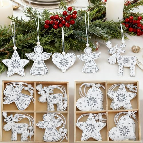 HERZONE 24pcs Holzanhänger Weihnachten Engel Holz Herz Sterne RentiereAnhänger Weihnachten Weihnachtsanhang Holz für Weihnachtsbaum (weiß grau A)
