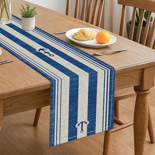 Tischläufer mit maritimen Streifen, Küstendekor für Zuhause und Sommerveranstaltungen, 33 x 183 cm, Blau und Weiß