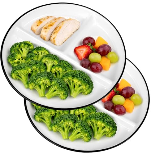 2 Pcs Ceramic Divided Plates, 3 Section Dinner Plate for Adults, Round | Divided Dinner Plates, 23.7 x 23.7cm, Microwave Dishwasher Safe, White Sectional Plates for Balanced Meals