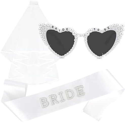 DazzJoy 3 Stück JGA Accessoires Frauen mit Schleier JGA Weiße, Bride Schärpe, Bride to Be Herz Sonnenbrille Perle, JGA Deko Frauen für Jungesellinenabschied Frauen, Standesamt Deko, Bachelorette Party