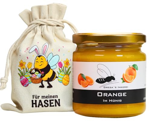 Grega's Imkerei - Honig Geschenkset im Leinensäckchen Für meinen Hasen | 250g Honigspezialität nach Wahl | Ideales Ostergeschenk & Osternest-Füllung | Vom Imker (Orange im Honig 250g)