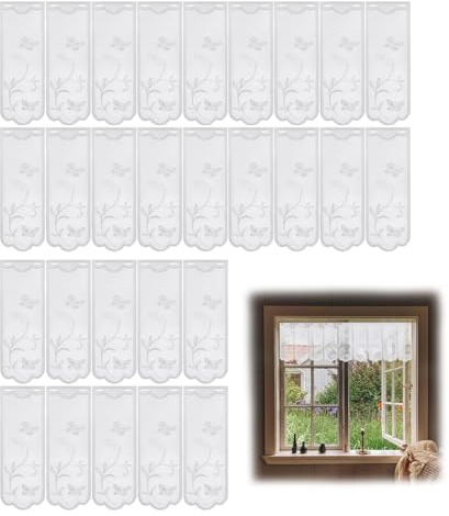 4er halbtransparente weiße Scheibengardinen modern mit Blumen & Schmetterling, Bistrogardinen Kurzstore für Fenster, Bistrogardine als Gardinen für Küche und Wohnzimmer geeignet (134×45 cm & 75×45 cm)