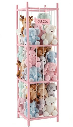 DUMOS Stuffed Animal Storage, 54In Large Stuffed Animal Holder, Plushies Storage with Solid Wood Base&Elastic Cord, Space Save Zoo Toy Organizers for Playroom Bedroom Nursery Pink