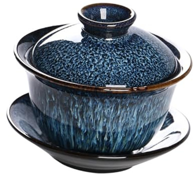 BIUDECO Taza de Té Vintage Tipo Sopera de Cerámica Azul 140ml con Tapa Resistente al Calor para Hotel y Oficina, Diseño Delicado y Retro
