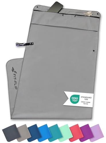 Fit-Flip Serviette de Fitness en Microfibre – avec Poche Zippée et Aimant – Serviettes pour Salle de Sport – Compact, antidérapant et séchage Rapide – Serviette de Sport Musculation – Gris
