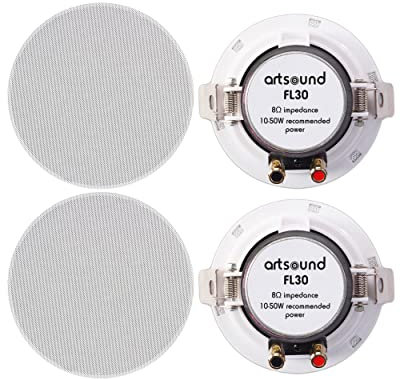 ArtSound FL30 - Haut-parleurs muraux passifs (2 pièces) - idéal pour l'intérieur, Le Bureau, Les Toilettes, la Cuisine, la Salle d'attente - 20W, Gamme complète, Rond, Blanc