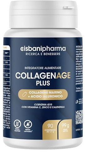 CISBANI PHARMA Collagene Marino Idrolizzato 1000mg + Acido Ialuronico 50mg | con Coenzima Q10 30 MG per dose, Confezione da 45 tratamenti con Vitamina C, Zinco e 100 mg Calendula - 90 Compresse