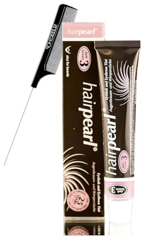 Hairpearl Original Hair Pearl TINT Color Dye for Iashes and broows (w/Sleek Steel Pin Rat Tail Comb) PPD-Free Haircolor Hair Tinting, Made in Germany (No 3.1 Medium Brown)