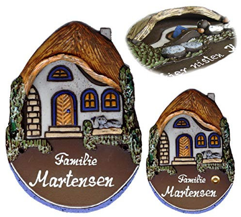 Keramikschild-Bauernhaus mit Katze-Türschild-Klingelschild-Namensschild-175 x 240 mm-Schild-Relief von Hand gefertigt-Incl. Beschriftung-Mit, oder ohne Klingel (6909 = 175 x 240 mm ohne Klingel)