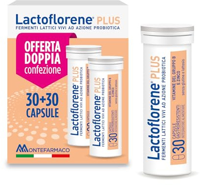Lactoflorene Plus, Integratore Fermenti Lattici Vivi per l'Equilibrio Intestinale, con Zinco e Vitamine B, 2 Pack 30+30 Capsule Gastroresistenti, Senza Glutine e Senza Lattosio