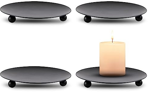 Kerzenhalter 4 Stück 10cm Eisen Kerzenständer Stumpenkerzen, Schwarz Rund Kerzenplatte, Retro Tischdeko Kerzenleuchter für Abendessen Partylite SpaHochzeit Adventskranz