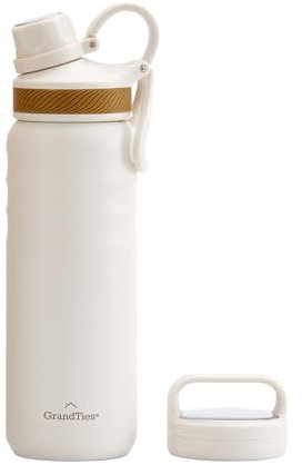 GrandTies 2 Lids Sports Stainless Steel Water Bottle, 24 oz, Reusable Wide Mouth Vacuum Insulated Canteen, Coldest Bottle for Men and Women, Ivory White