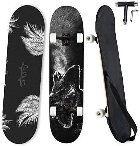 31 Zoll Standard Skateboard, 7 Lagen Ahorn Board Oberfläche, geeignet für Kinder, Jugendliche, Erwachsene, Anfänger und Profis, mit Einer maximalen Belastung von 150 kg-Wolfskopf