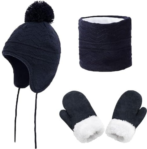 ITODA Kids Warm Beanie Hat Scarf Gloves Set Winter Pom Pom Hats Fleece Lined Warm Knitted Beanie Hats Girls Boys Earflap Hat Snood Scarf and Gloves for Children 2-6 Years Old