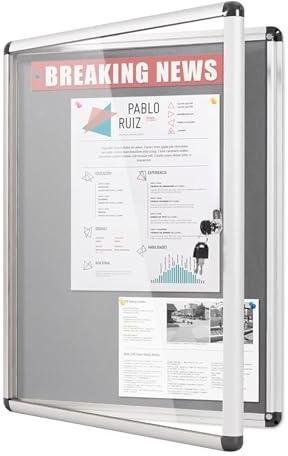 MAKELLO Lockable Notice Board 490x370mm, Display Pin Board for Office School Home Store Community Centre, Grey Felt, A3 (2xA4)