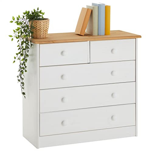 IDIMEX Kommode Rondo, schöne Anrichte mit 5 Schubladen, praktisches Sideboard aus massiver Kiefer in weiß/braun, Zeitlose Schubladenkommode mit Holzgriffe