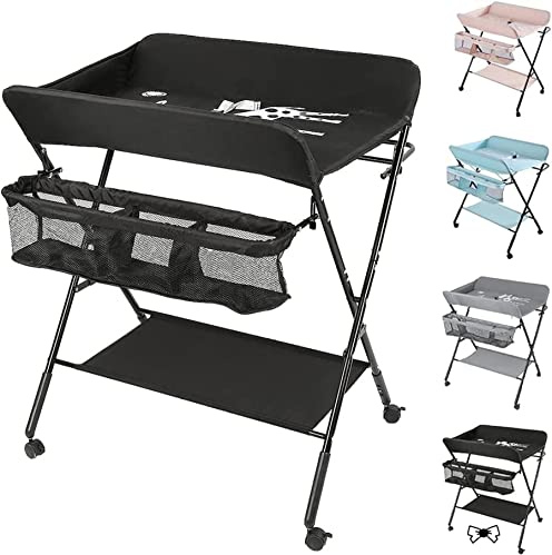 ZMGUA Table à langer RELOVE Pliante avec Panier de Rangement Côté Structure en Fer Charge Max 25KG pour Nouveaux-Nés Design Ergonomique, Noir (80 * 66 * 98cm)
