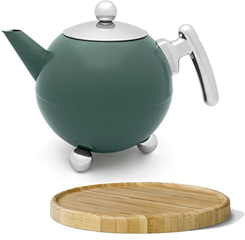 Bredemeijer große doppelwandige Teekanne 1.2 Liter - grüne Edelstahl Kanne ohne Filter & brauner Holzuntersetzer - ideal für losen Tee
