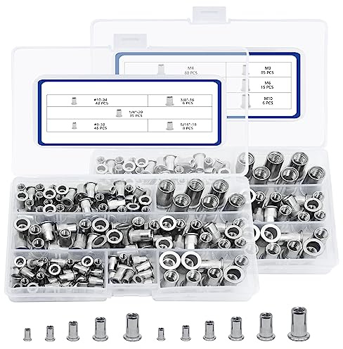SAE & Metric Stainless Steel Rivet Nut Kits, JROUTH 380pcs Rivnuts & Nutsert Assortment, Sizes 8-32 10-24 1/4-20 3/8-16 5/16-18 M3 M4 M5 M6 M8 M10